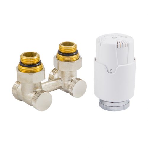 Double H-Valve with Diamant Invest thermostatic head for a V-type radiator, angle